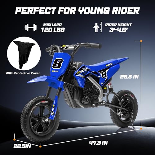 Image of 24V Kids Electric Dirt Bike - 250W Electric Motorcycle, 11 Mph Max Speed Electric Motorcycle Mini Bike with Music, 10 Miles Range, Twist Grip Throttle, Metal Suspension, Rubber Tire (Blue, with Cover)