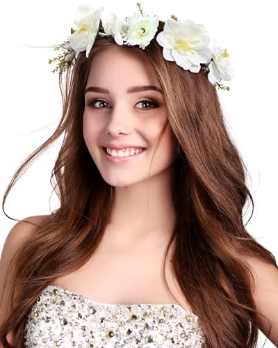 AWAYTR Large Faux Flower Crown, Adjustable Bridal Headband for Wedding