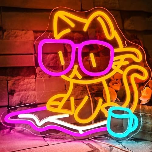 Cat Reading Book Neon Sign Wall Decor, Reading Cat Neon Light Bedroom Wall Decor Suitable for Classroom Book Party Library Decoration Reading Room Bookish Decor Gift
