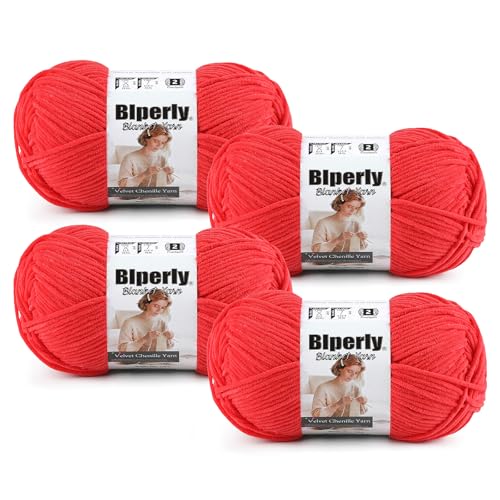 Image of Skinny Chenille Yarn for Crocheting, #2 Red Thin Baby Blanket Plush Yarn | 4 Pack of 158 Yds, 1.7 Oz Sport Fingering Weight Fine Yarn, Soft Fluffy Velvet Yarn for Crochet knitting Blankets, Amigurumi