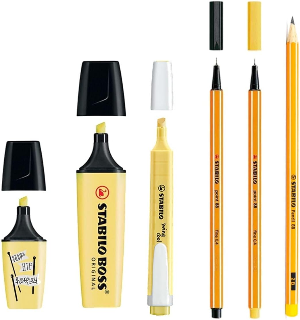 STABILO PASTEL SET- Boss Original Pastel, Boss MiniPastellove, Swing Cool Pastel, Point 88, Pen 68, Pencil 2B, Yellow Color, Pack of 6