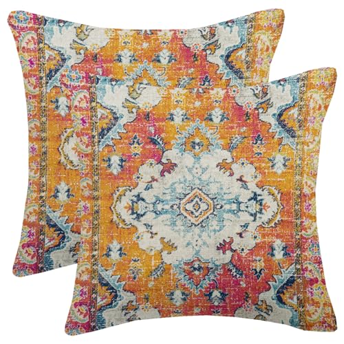 AELUTYSH Vintage Boho Pillow Covers 22X22 Inch Set of 2 Antique Ethnic Orange Teal Carpet Pattern Throw Pillow Covers Bohemian Decorative Pillow Case Linen Cushion Cover for Home Couch Sofa Outdoor