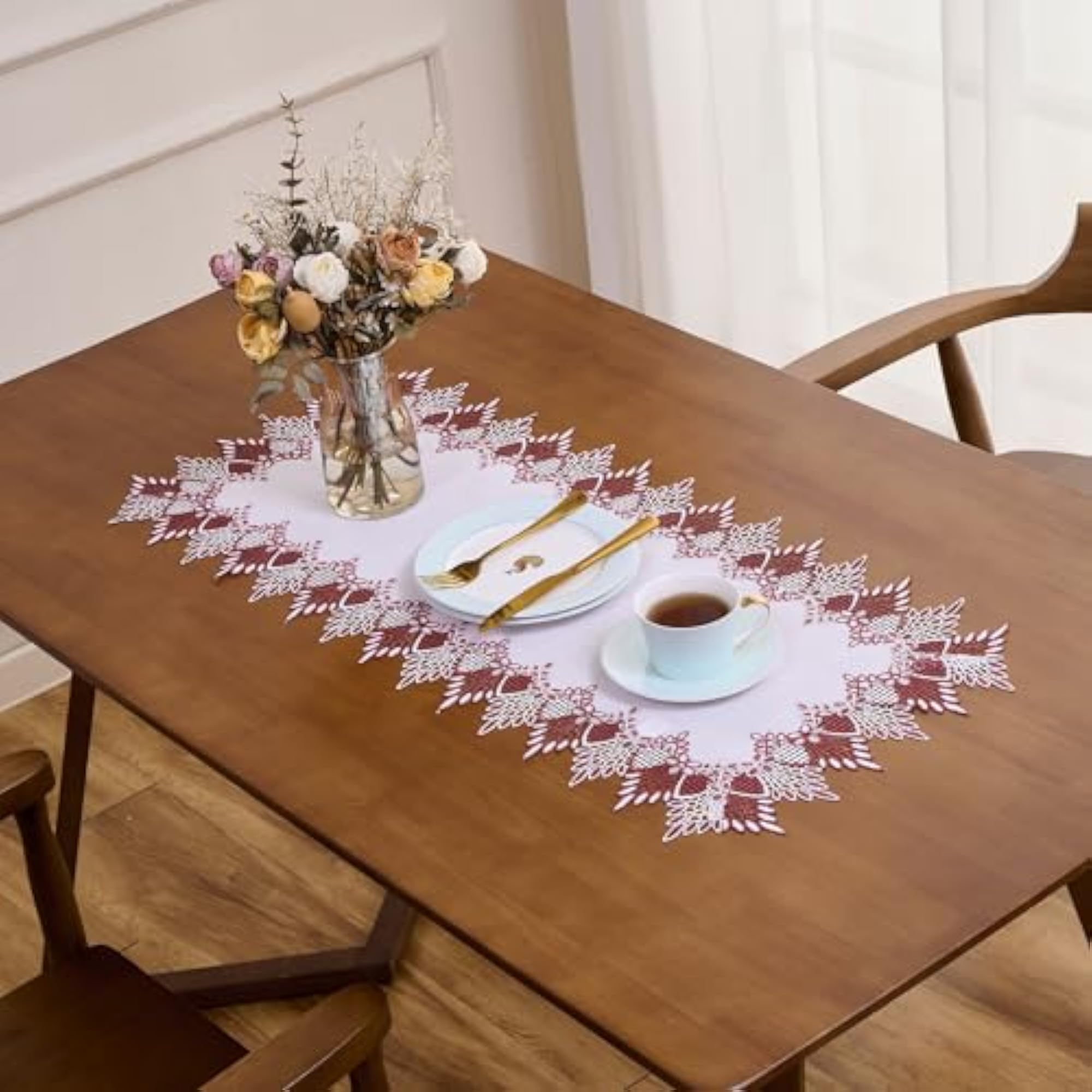 White Dark Red Linen Lace Table Runner