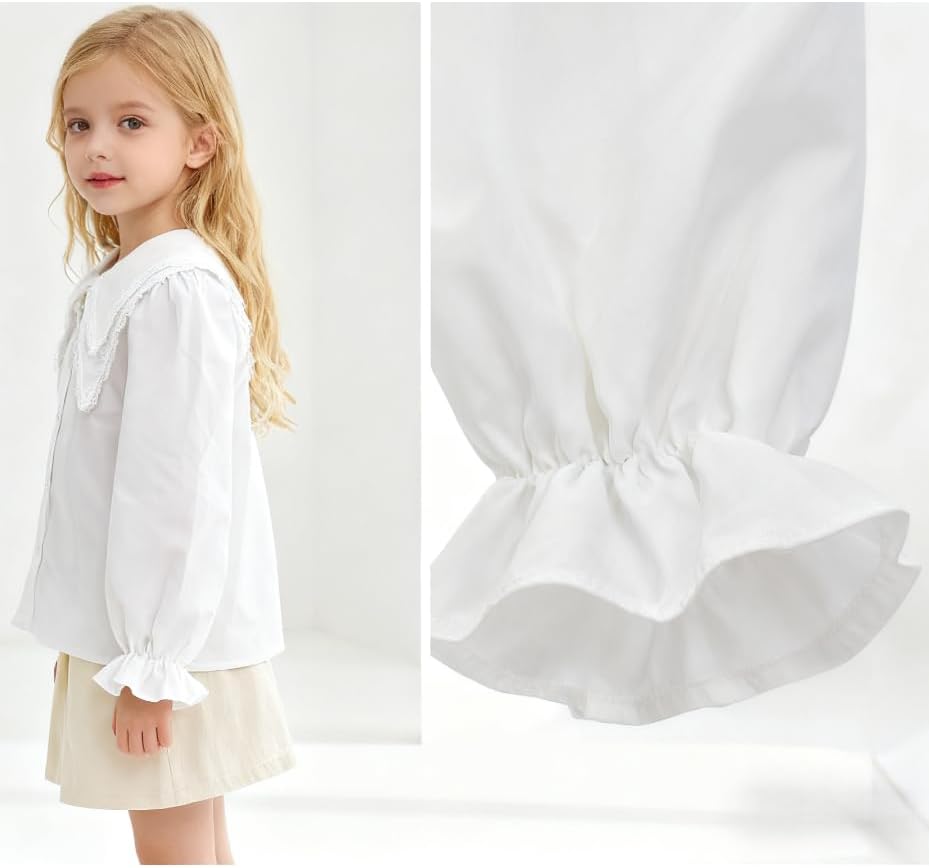 Girls Button Down Shirts Kids Long Sleeve Peter Pan Collar Lace School Uniform Shirt Blouse with Puff Sleeve White 2-7Y - Image 5