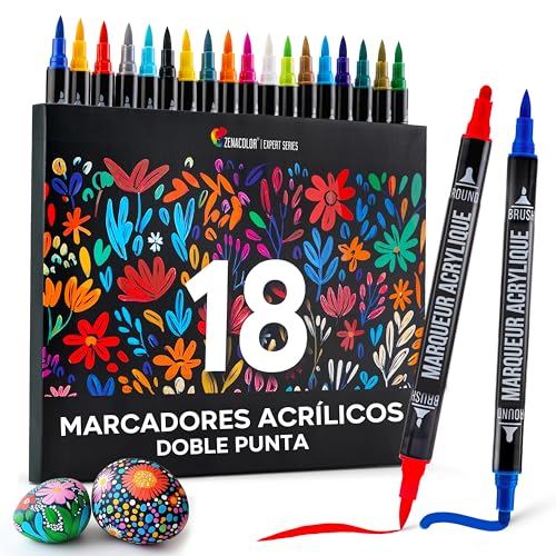 Zenacolor Rotuladores Acrilicos con Doble Punta (Punta Fina y Pincel) - 18 Colores únicos de Rotuladores Permanentes para Distintas Superficies y Obras de Arte - Rotuladores Acrilicos Permanentes