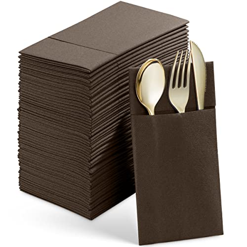 Disposable Linen-Feel Dinner Napkins With Flatware Pocket, Brown, 100-Pack
