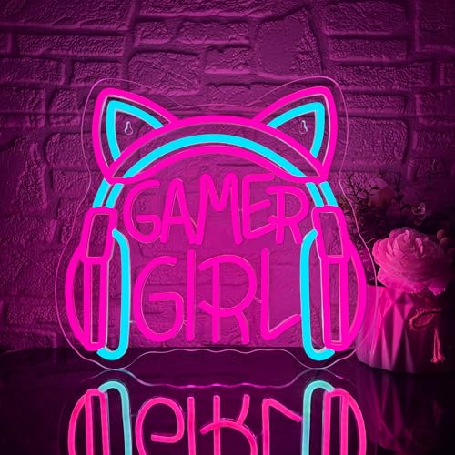 Image of Mutank Gamer Girl Cat Headphones Neon Sign, Game Room Neon Sign USB Powered Game Headphone Sign LED Dimmable, for Gaming Room Bedrooms and Cat Ear Girl Man Caves Decor(13.3 * 12.2 In)