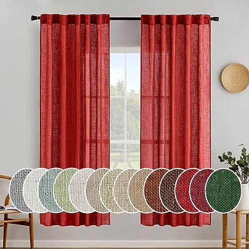MIULEE Red Linen Curtains 72 Inch Length for Bedroom Living Room, Soft Thick Linen Textured Window Drapes Semi Sheer Light Filtering Back Tab Rod Pocket Burlap Look Christmas Decor, 2 Panels