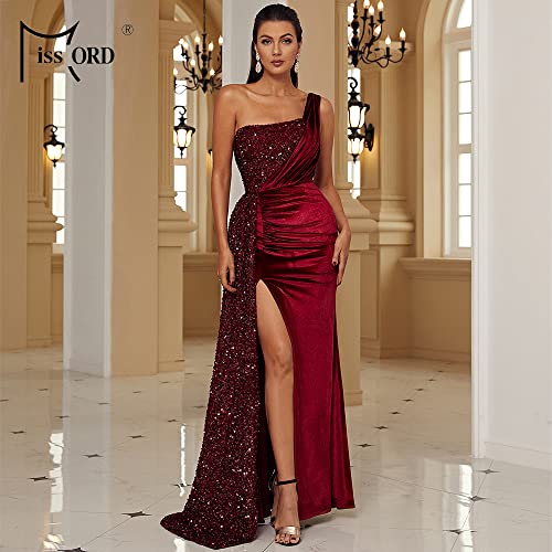 Miss Ord Women’s Formal One Shoulder Sequin Velvet Prom Maxi Dress, Backless Sleeveless Split Thigh Mermaid Evening Gown Wine #TOP1