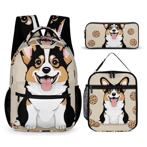 Backpack Bookbag Set Funny Corgi Dogs Cookies (1) Backpack with Lunch Bags and Makeup Bag Shoulder Bag with Lunch Box Storage Bags