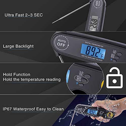 Meat Thermometer Instant Read, EHO Digital Meat Thermometer for Grilling Oven, Kitchen, Cooking, BBQ, Candy, Jam, Milk, Waterproof with Backlight (Black) - Thumbnail 2