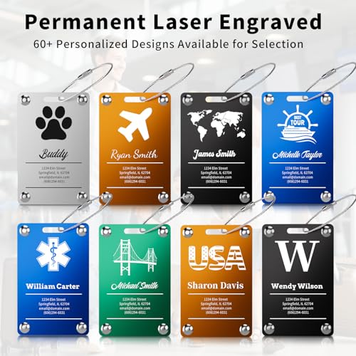 Personalized Luggage Tags for Suitcases, Engraved Stainless Steel Custom Luggage Tags for Cruise Travel, Suitcase Identifier Metal Name Baggage Tag (Sleek Bar Blue)4