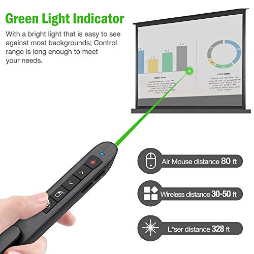 DinoFire Air Mouse Green Light Presentation Remote Control USB Rechargeable Presentation Clicker Wireless Presenter RF 2.4 GHz Powerpoint Clicker Slide Advancer Changer Mac/Laptop/Computer - Thumbnail 4