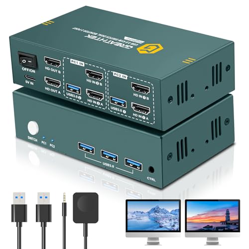 Image of Greathek 4K@40HZ HDMI KVM Switch 2 Monitors 2 Computers Dual Monitor | Share Keyboard And Mouse | with 3 USB 3.0 Ports|EDID Adapative| Wired Remote|Extended and Mirror Display for Home Office