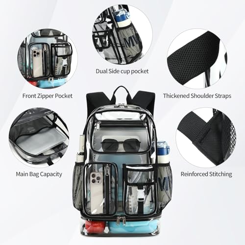 Image of Heavy Duty Clear Backpack for Sport Event,16in BookBag with Shoe Warehouse | Gold See Through Stitch durable plastic Design 7-Pocket For School Adults work Warehouses Airport security,check events bag
