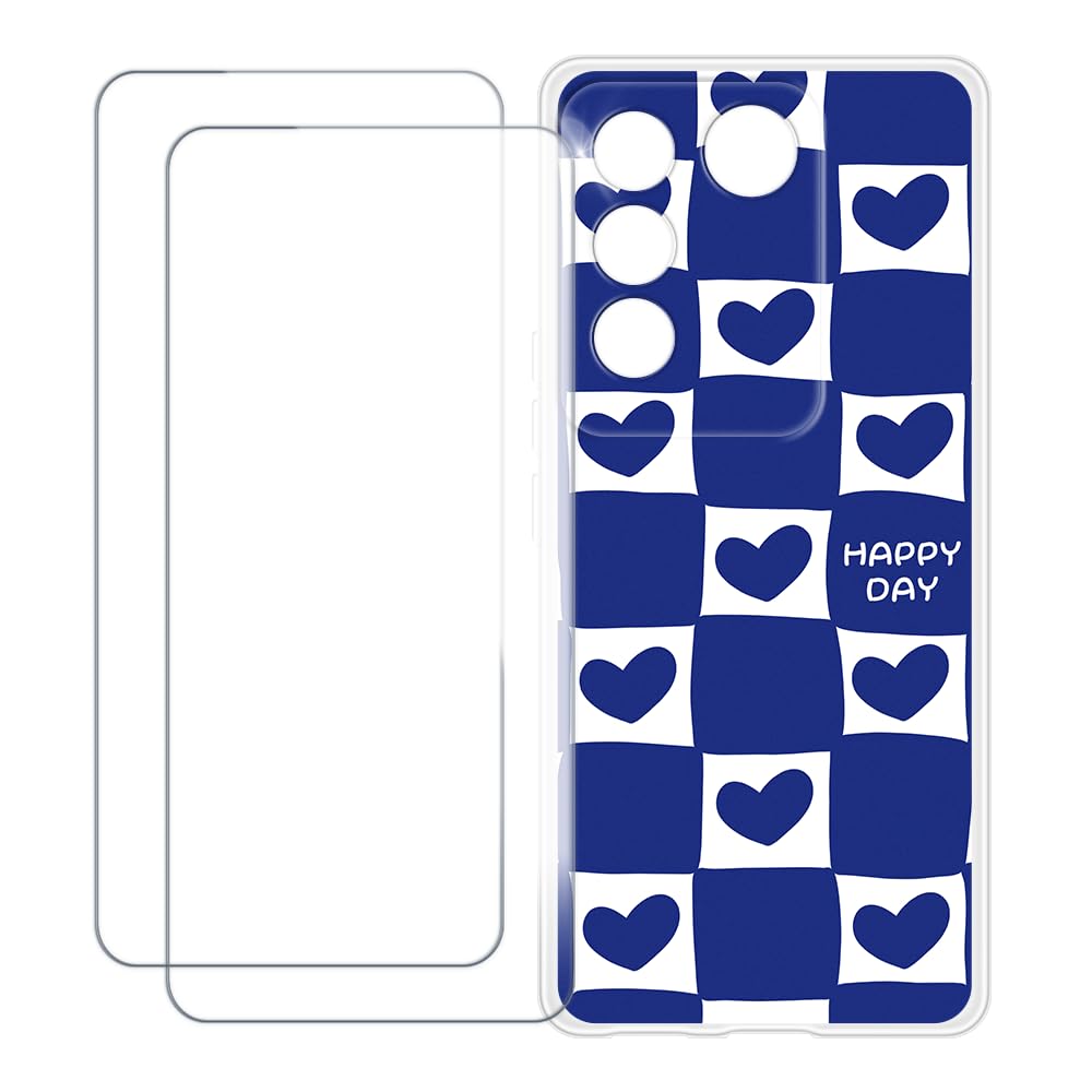 Compatible with Vivo V27 Pro 5G Case Colorful Custom Cover with 2 Pack Tempered Glass Screen Protectors - Shockproof Scratch-Resistant (Blue Heart)