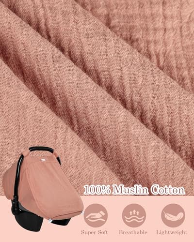 Image of DILIMI Car Seat Covers for Babies, Muslin Cotton Baby Car Seat Cover with Breathable Mesh Window, Summer Infant Car Seat Canopy for Boys Girls Newborn, Dark Pink