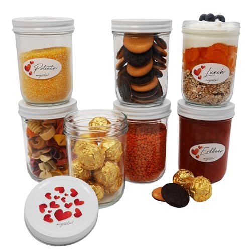 megusta!® 6 vasetti per conserve da 480 ml | coperchio con design a cuore | per frutta, verdura, alimenti, come contenitori per caffè, cereali, pranzo | +12 etichette