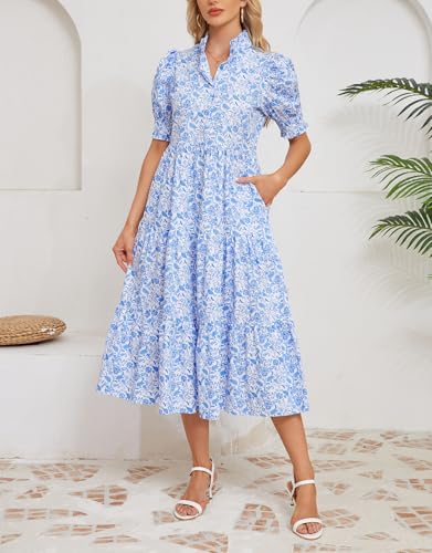 Image of Kedera Women Summer Casual Maxi Dress Trendy 2026 Puff Short Sleeve V Neck Ruffle Tiered Flowy Boho Beach Long Dresses
