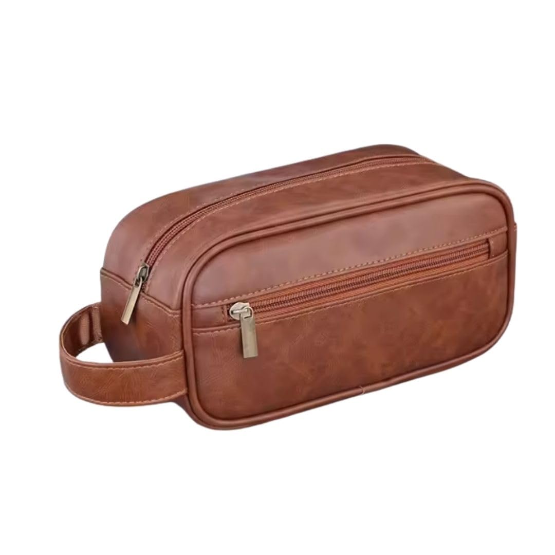 Mens PU Leather Toiletry Bag Travel Shaving Kit Organizer Bathroom Cosmetic Storage Bag Portable Dopp Kit for Men (Brown)-image-6