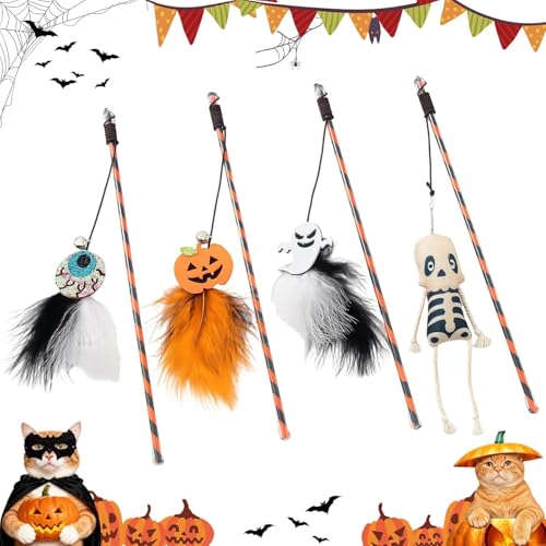 Walfront 4PCS Halloween Cat Toys Wand Teaser Toys with Bells Pumpkin Ghost Eyeball and Skull Kitten Interactive Toys Plush Kitten Plaything Gift Set