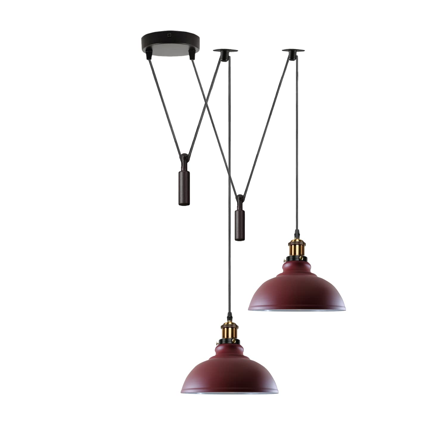 LEDSONE 2 Head Ceiling Pendant Spider Light, 29cm Metal Light Shade, Adjustable 195cm Cord, Vintage Edison 60w E27 Bulb Base, Industrial Retro Lighting, Island Lamp for Dinner Room Kitchen, Burgundy