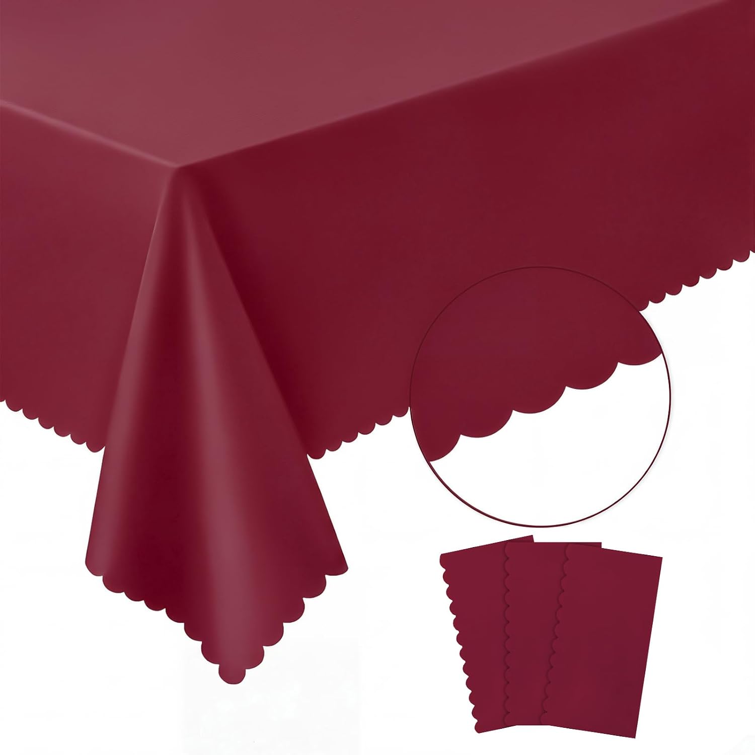 NatNarr 3 Pack Burgundy Tablecloths, Scalloped Plastic Table Covers