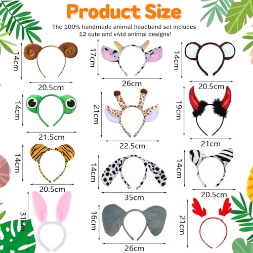 Spetsbst Tier Haarreif mit Ohren 12 Stück Cartoon Animals Ohren Stirnbänder Set Tiger Giraffe Hasen Katze Kostüm Zubehör Kopfbedeckung für Erwachsene Kinder Party Karneval Geburtstag