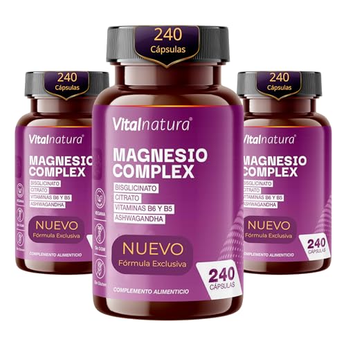 Citrato de Magnesio 1593 mg + Bisglicinato de Magnesio 600 mg + Vitaminas B5, B6 y Ashwagandha Pura | Energía, Reduce Estrés y Cortisol, Músculos Fuertes | 3x 240 Cápsulas I Pack trío