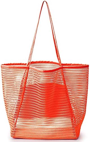 HAN-LBG Mesh Tote Bag with Zip Pocket, Large Shoulder Beach Bag Reusable Shopping Bag