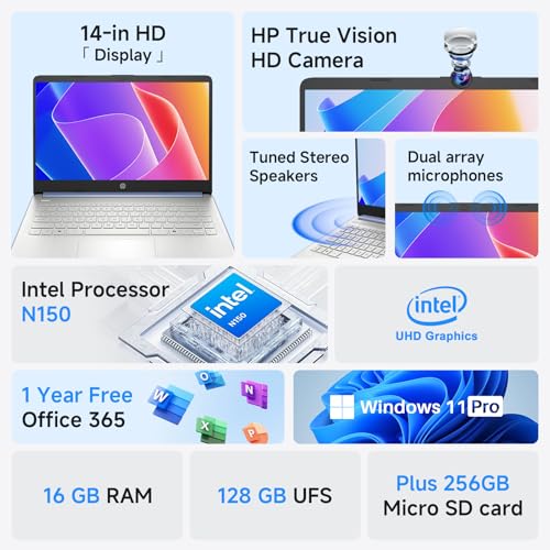 Image of HP 2026 14 Laptop Computer Student Business, Copilot AI, Intel N150, 16GB RAM, 512 GB Storage(128GB UFS+256GB MSD+128GB UFD), 1-Year Office 365, WiFi 6, Ultra Light, Portable, Windows 11 Pro, Sky Blue