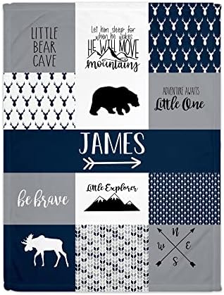 Woodland Personalized Baby Blanket - Personalized Baby Blankets For Boys-Custom Baby Blankets For Boys - Deer Baby Blanket- Woodland Nursery Décor - Baby Blankets For Boys Personalized (Blue Woodland)