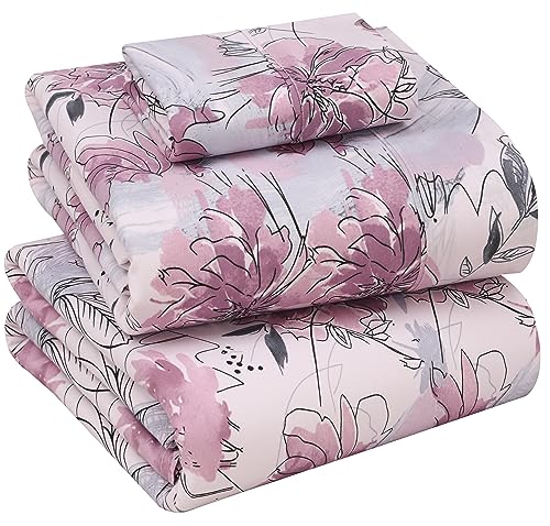 RUVANTI 100% Cotton Twin Sheets Set, 3 Pieces, Soft & Breathable Percale Weave Bedding, Deep Pocket 16", Hotel Standard, Crisp Cool Feel, Durable, Perfect Floral Bed Sheet, Lilac Floral