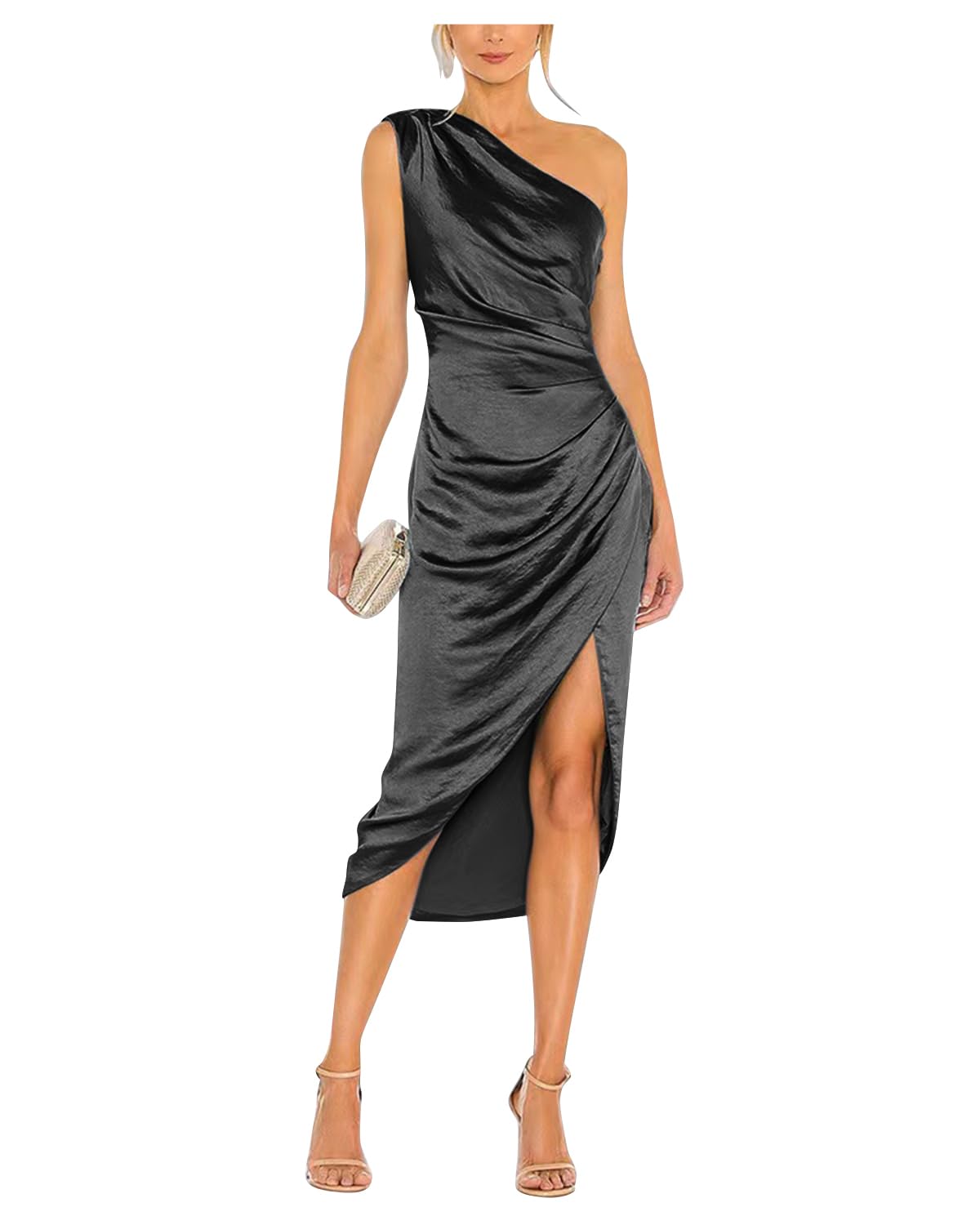 Satin Bridesmaid Dresses for Women One Shoulder Prom Dress Pleated Midi Formal Cocktail Gown Wedding Guest Dress with Slit