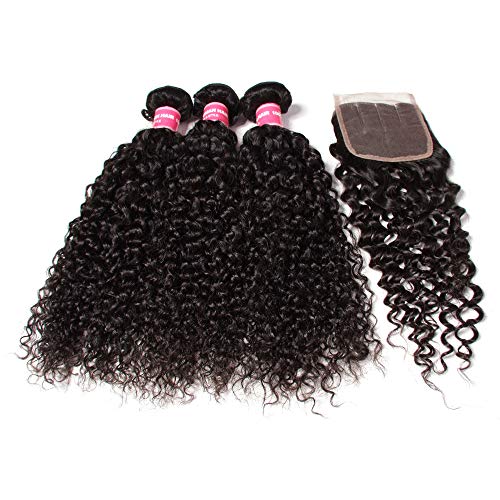 Dinoce Compatible with Longqi Beauty Brazilian Curly Virgin Human Hair Weave 3 Bundles with Free Part 4x4 Medium Brown Lace Top Closure Jerry Curl for Black Women (14 16 18+10, Natural Color)