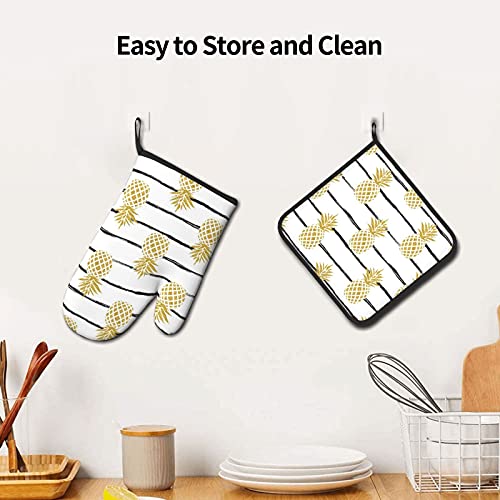 Gold Pineapple Striped Oven Mits, Heat Resistant Oven Mitts And Pot Holders For Kitchen Baking Cooking Grilling #TOP5