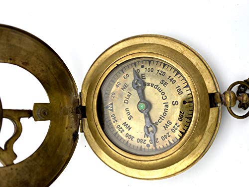 image for US HANDICRAFTS Brass Sundial Compass with Leather Case and Chain - Pus