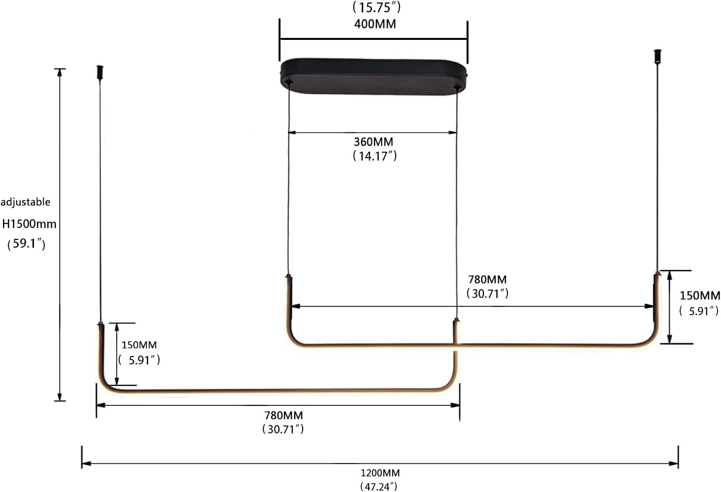 Linear Chandelier, Dimmable Led Light Fixtures, 2 Lights Lighting for Kitchen Island Dining Room Bar, Black, 3000K