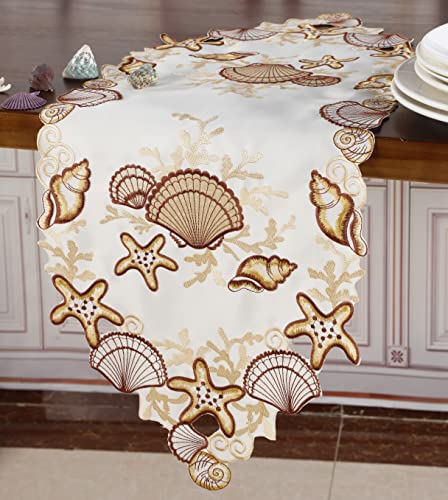 Granddeco Summer Table Runner 13"×34" Embroidered Cutwork Beach Seashell Table Topper For Home Kitchen Dining Summer Holiday Tabletop Decoration (Runner 13"×34", Brown) #TOP3