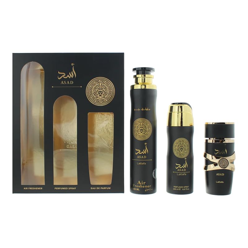 Lattafa Asad 3 Piece Gift Set (3.4 Fl Oz EDP + 6.67 Fl Oz Deo + 10.14 Fl Oz Air Freshener) - Image 2