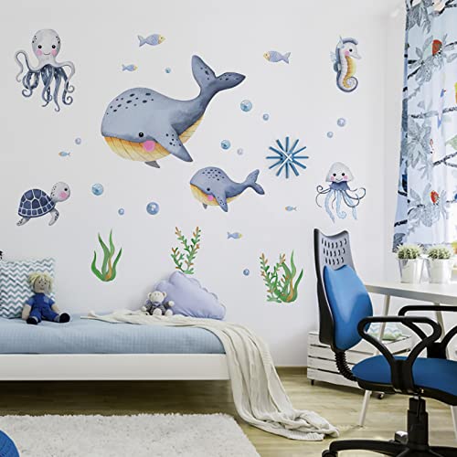 Mfault Under The Sea Whales Wall Decal Stickers, Moon Stars Cloud Castle Ship Nursery Decorations Baby Boy Girl Bedroom Art, Neutral Marine Animal Toddler Kids Baby Boys Girls Room Decor Gift #TOP2