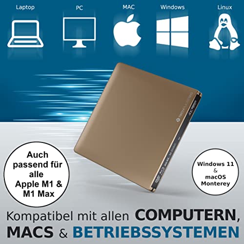 techPulse120 portables USB 3.0 4K UHD 3D M-Disc BDXL HDR10 Laufwerk Blu-ray Brenner Burner Superdrive Ultra-Slim BD DVD CD für Netbook Notebook Ultrabook Windows Mac OS Apple iMAC MacBook Alu Gold – Bild 4