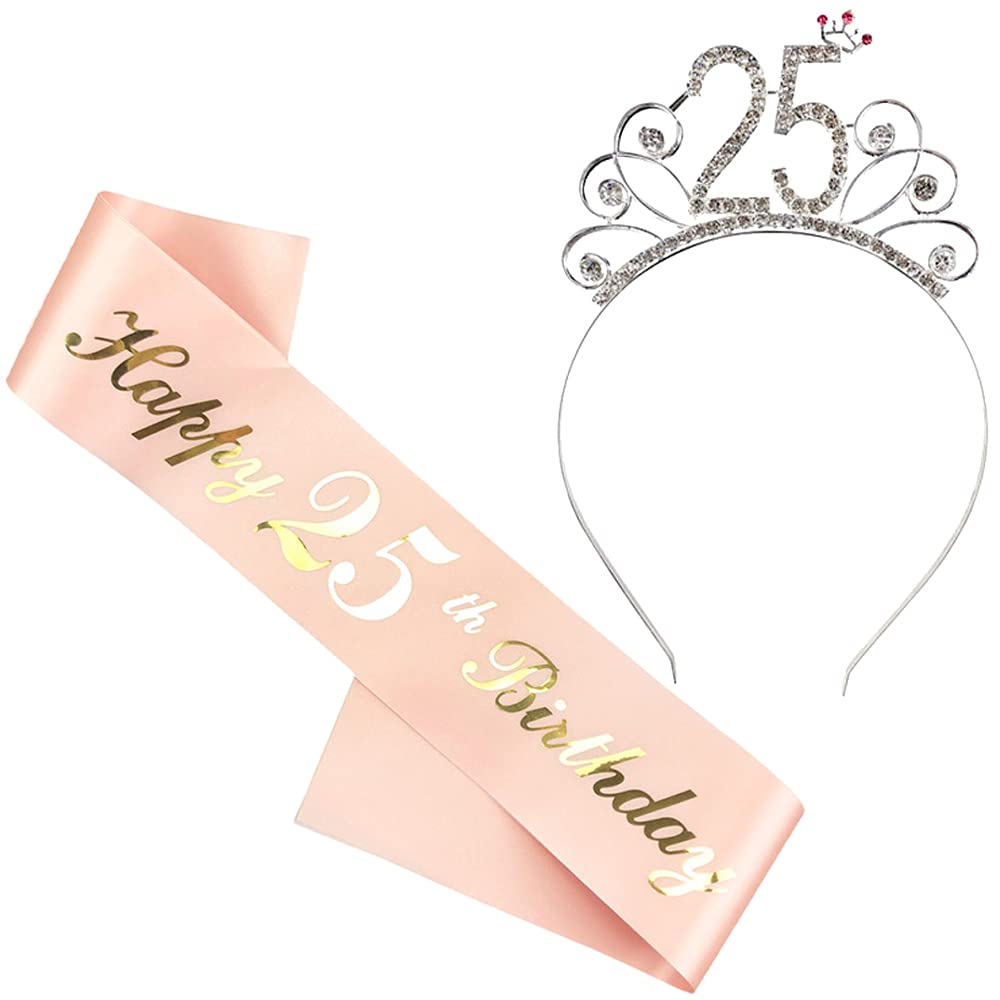 Set Tiara E Fascia 25° Compleanno Oro Rosa – Diadema Cristalli E Fascia Con Scritta, Per Donna - 2