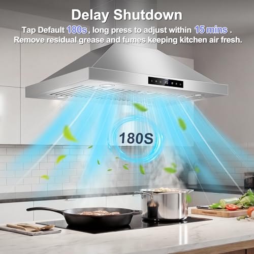 Image of 36 inch Island Range Hood Ceiling Mount 1200 CFM with 4-Speed Gesture Sensing & Touch Control, Ducted /Ductless Stainless Steel Kitchen Stove Vent Hoods with 4 LED Lights, Timer,Dishwasher-Safe Filters