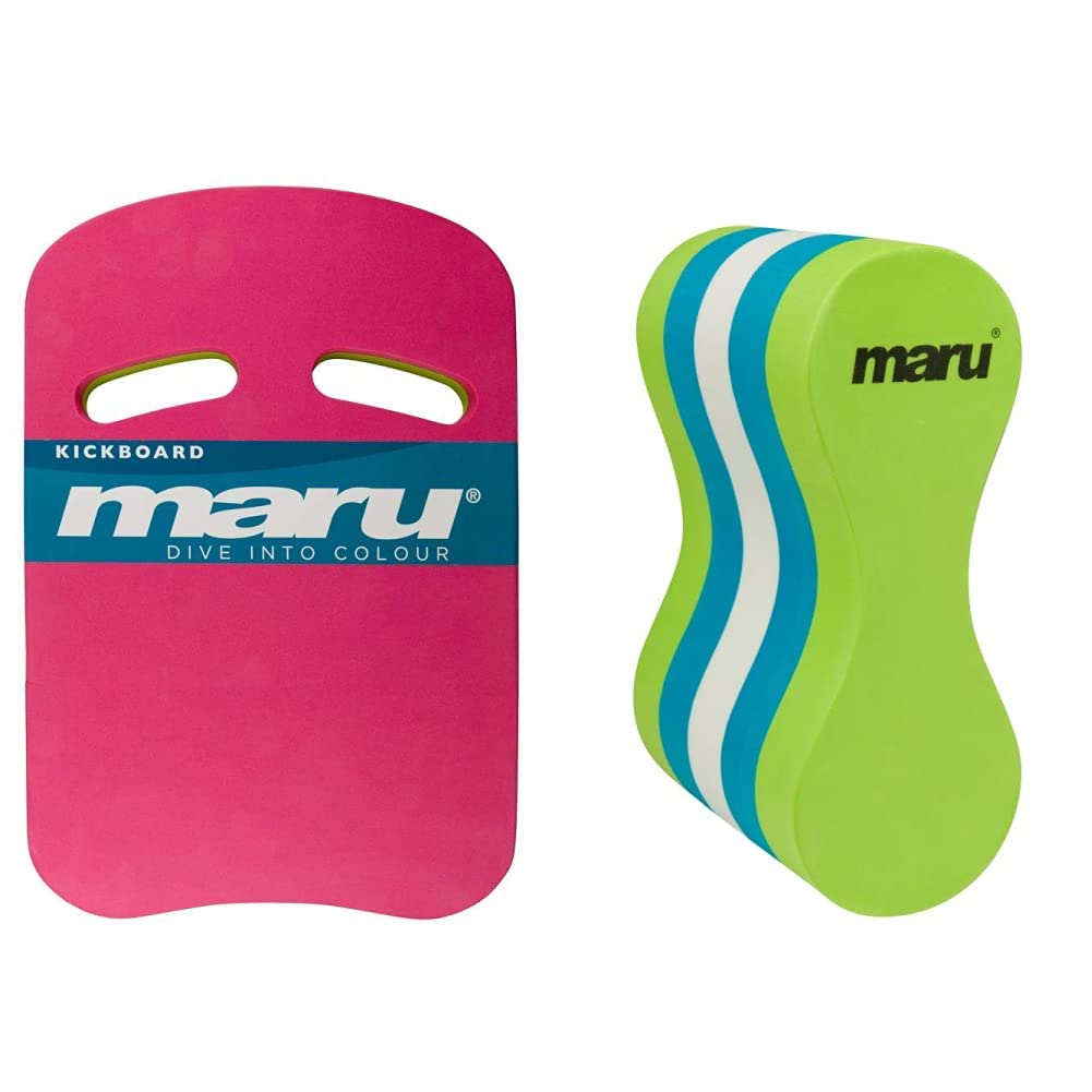 Maru Swimming Kickboard Swim Aid, Pool Float for Adults and Kids (Pink/Lime, One Size) & Swimming Pull Buoy Float, Adults and Kids, Swimming Aid Equipment for Stength Training, Pool use (Lime, Adult)