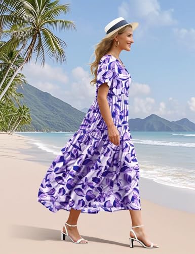 Image of YESNO Women's Summer Maxi Dresses Casual Floral Short Sleeve V Neck Boho Beach Vacation Swing Dress with Pockets EVF