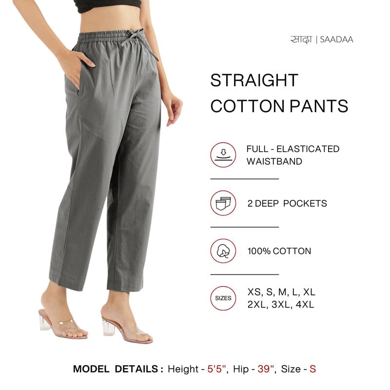 Image of SAADAA Cotton Straight Pants for Women | Breathable Everyday Wear Trousers | Drawstring, Deep Pockets & Elastic Waistband | Casual & Comfortable Fit