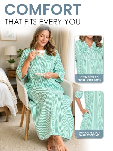 Image of Casual Nights Women's Zip Front Woven House Dress | 3 /4 Sleeves Housecoat Long Duster Lounger