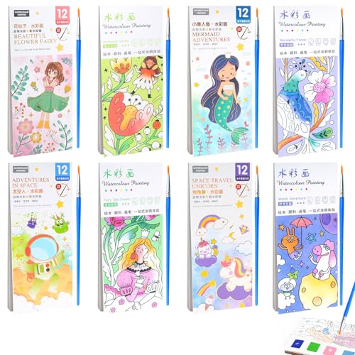 Soleeya 96 Pagine Libro da Colorare con Acqua, 8 Pezzi Album Colorare Acqua Bambini Divertimento Magic Water Book Libro da Colori Aquarellbuch con Una Tavolozza Separata