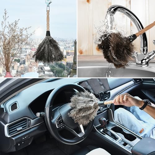 Image of Ostrich Feather Duster 13.39 inch Premium Feather Duster with Wooden Handle Delicate Surfaces Cleaning Supplies for Car Home Office
